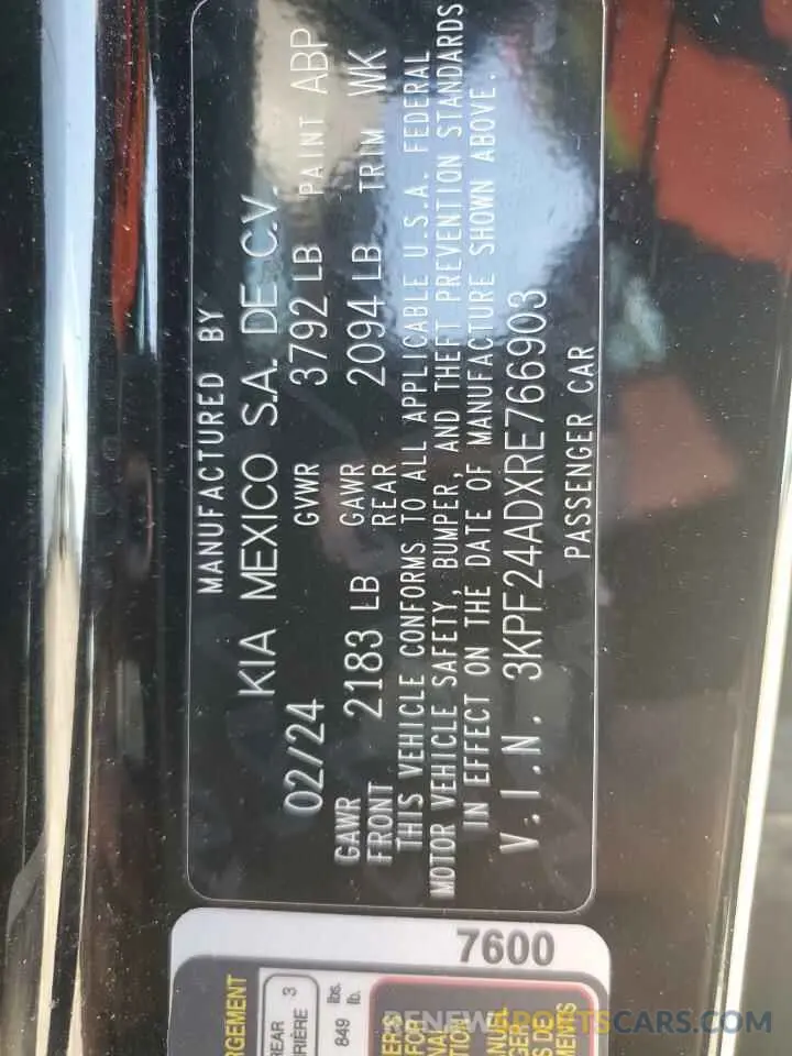 13 Photograph of a damaged car 3KPF24ADXRE766903 KIA FORTE 2024