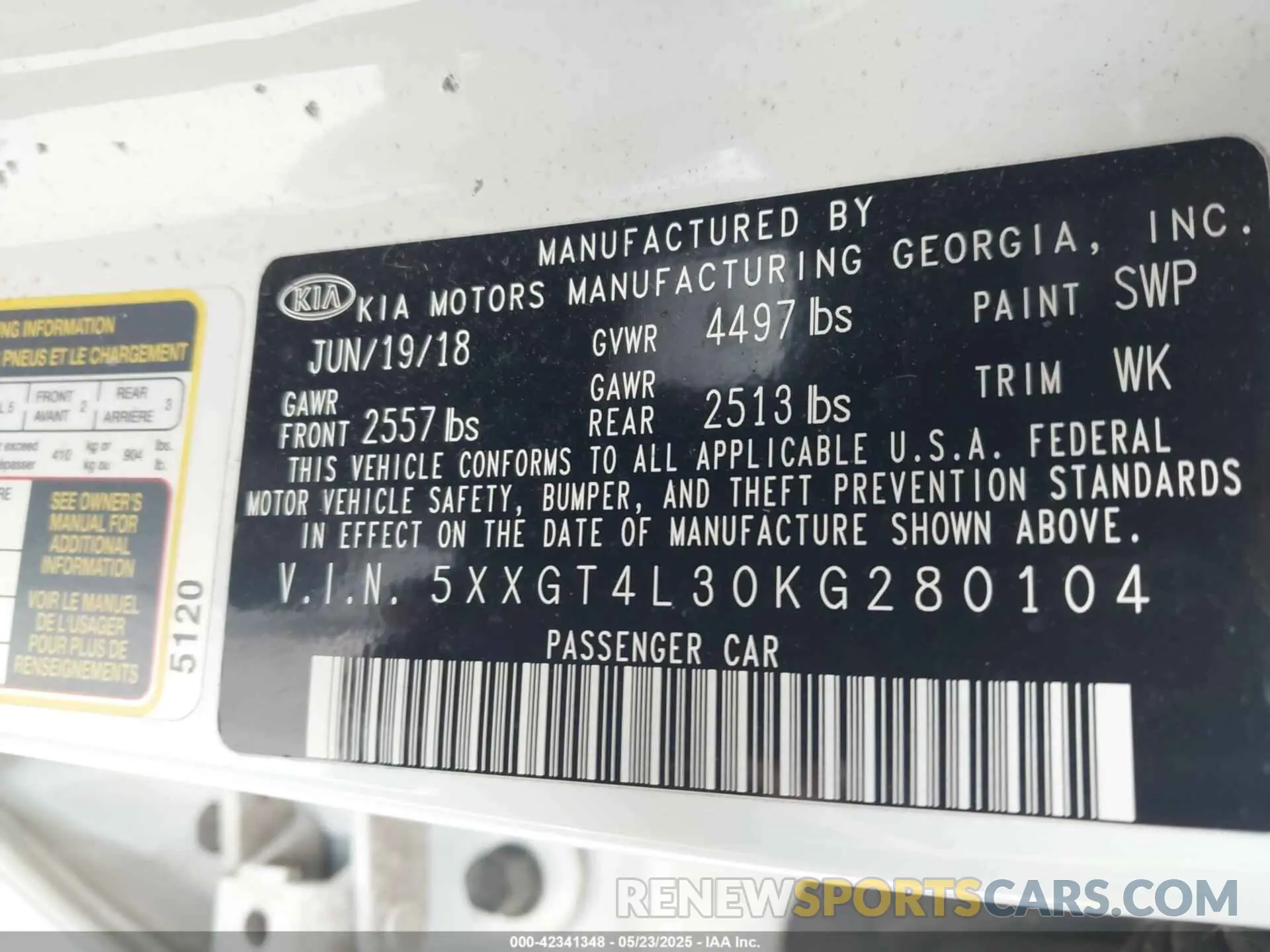 9 Photograph of a damaged car 5XXGT4L30KG280104 KIA OPTIMA 2019
