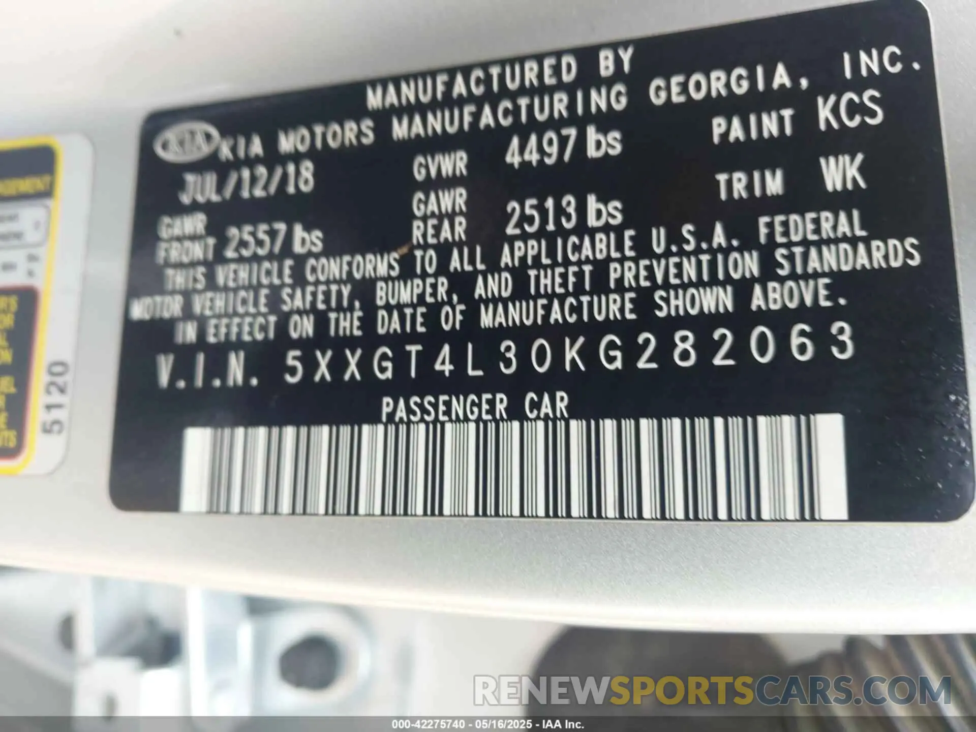 9 Photograph of a damaged car 5XXGT4L30KG282063 KIA OPTIMA 2019
