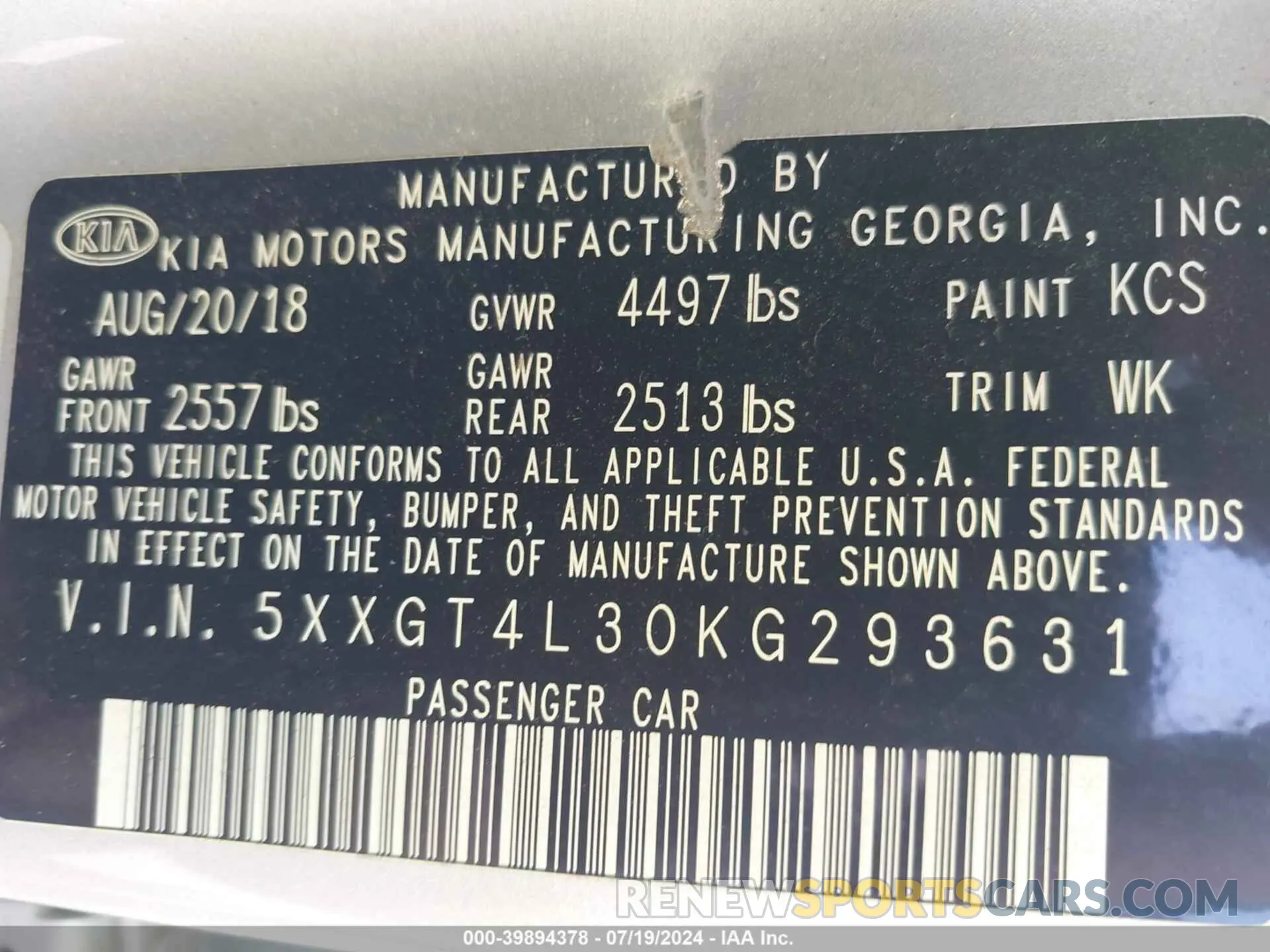 9 Photograph of a damaged car 5XXGT4L30KG293631 KIA OPTIMA 2019