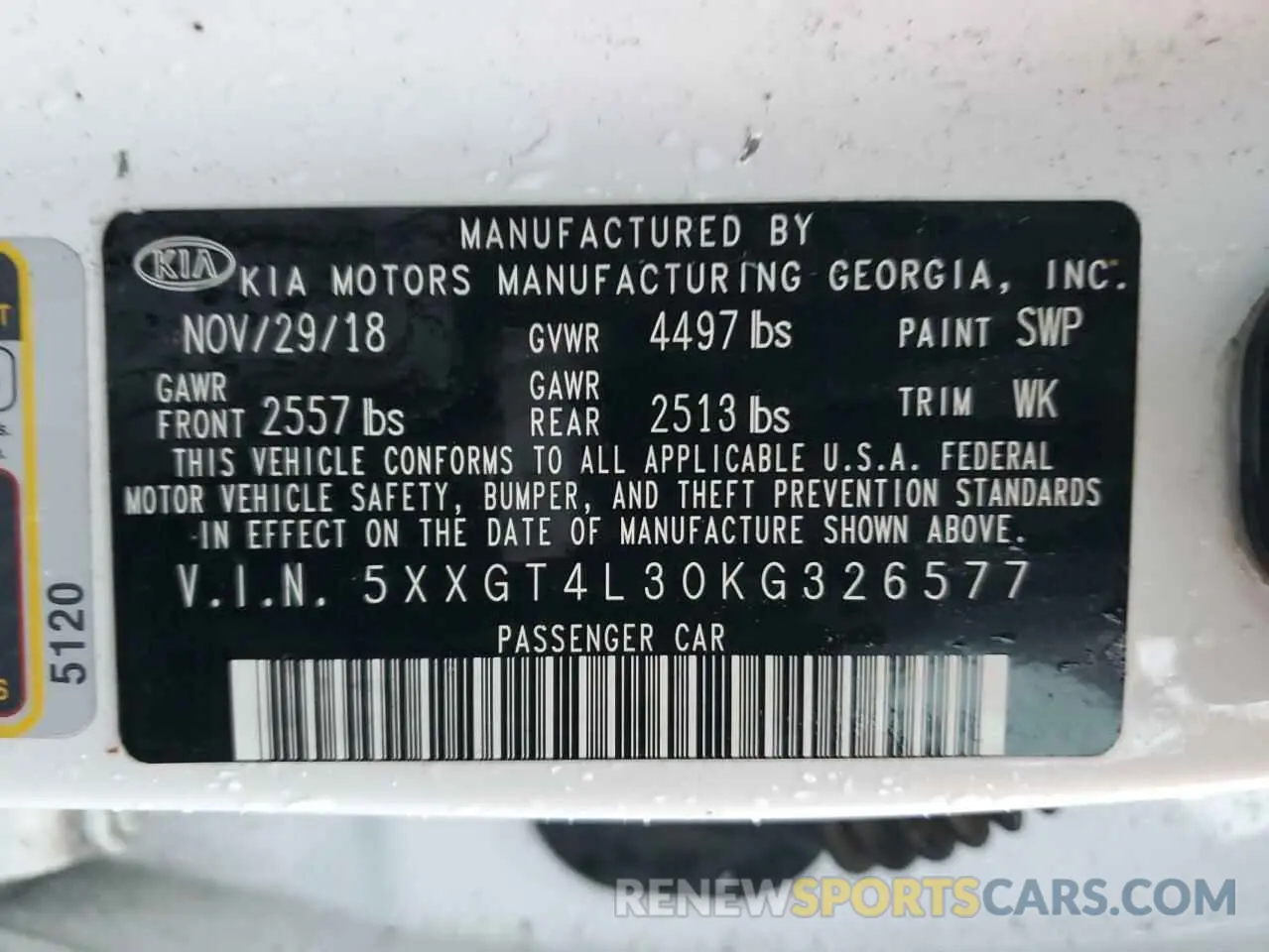 13 Photograph of a damaged car 5XXGT4L30KG326577 KIA OPTIMA 2019