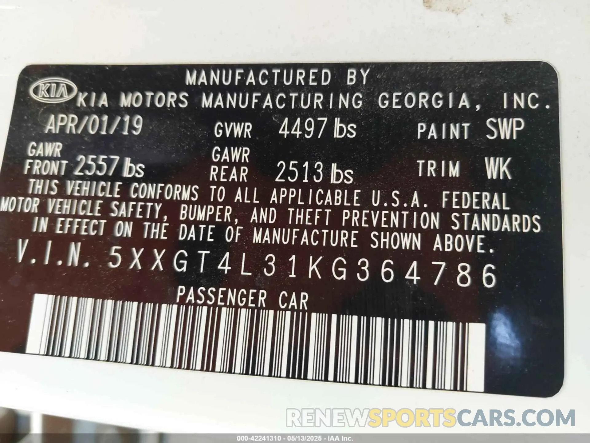 9 Photograph of a damaged car 5XXGT4L31KG364786 KIA OPTIMA 2019