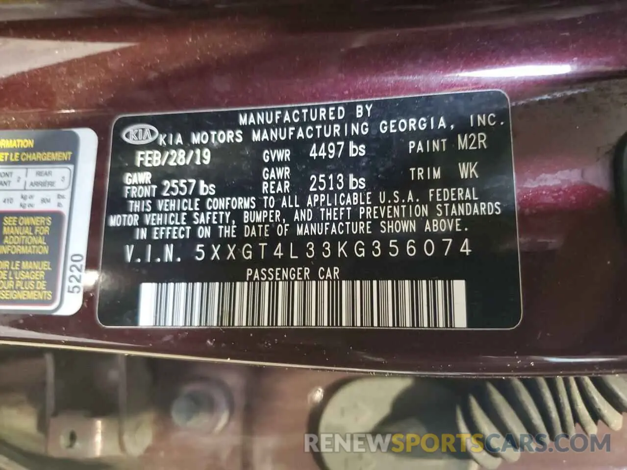 12 Photograph of a damaged car 5XXGT4L33KG356074 KIA OPTIMA 2019