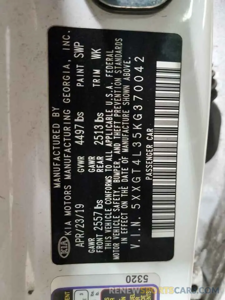 15 Photograph of a damaged car 5XXGT4L35KG370042 KIA OPTIMA 2019
