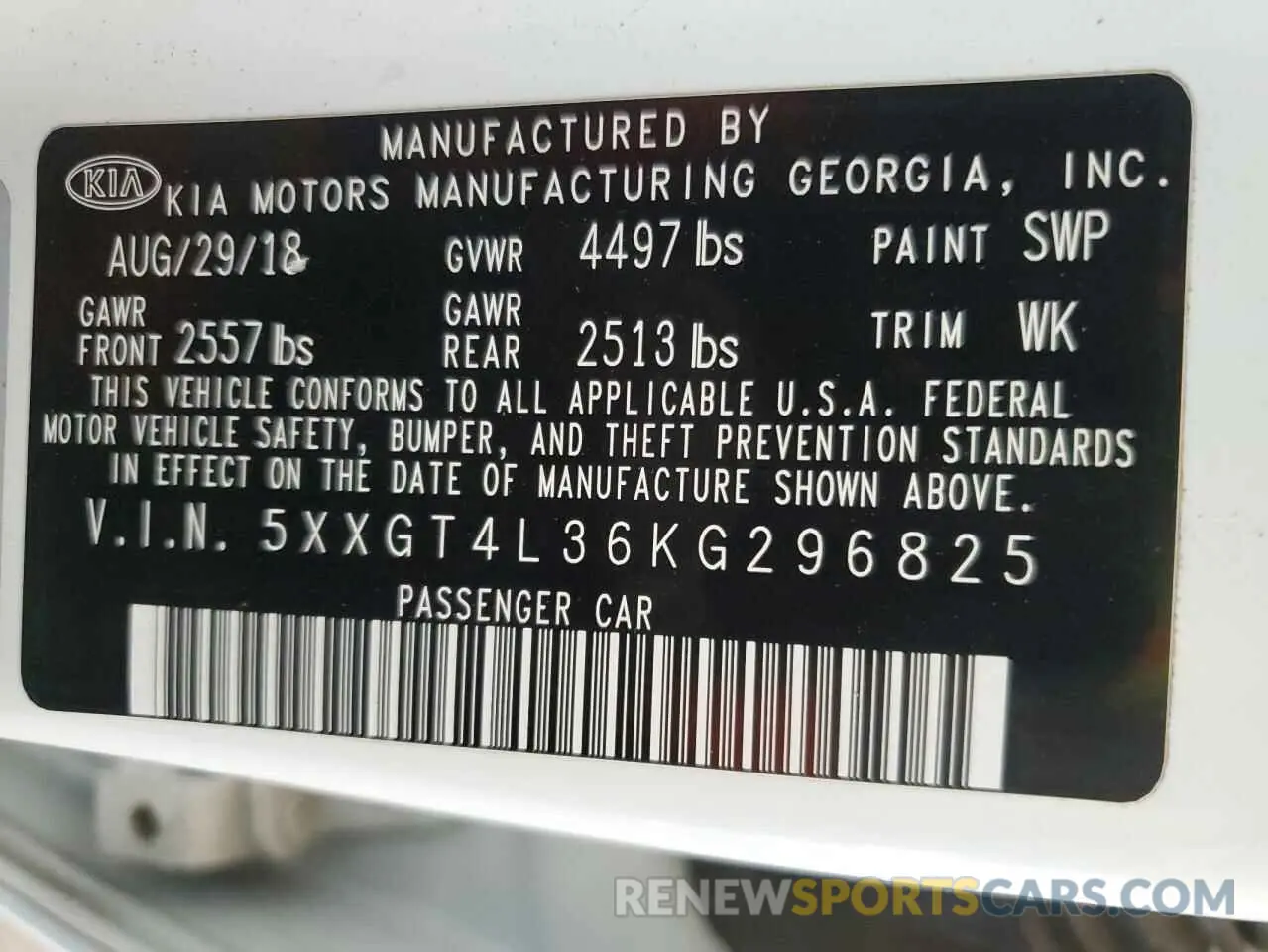 12 Photograph of a damaged car 5XXGT4L36KG296825 KIA OPTIMA 2019