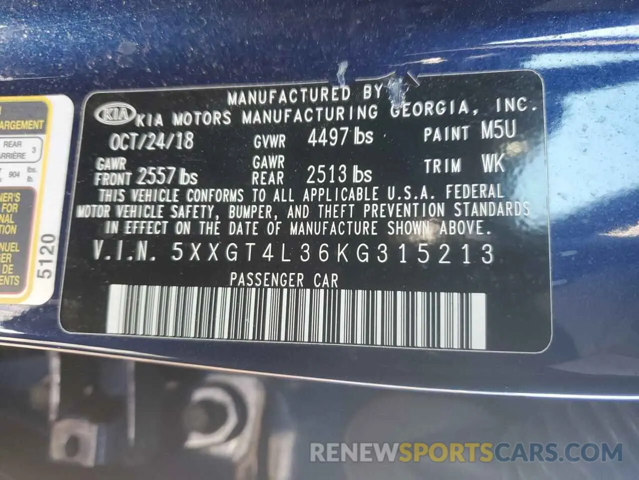 12 Photograph of a damaged car 5XXGT4L36KG315213 KIA OPTIMA 2019