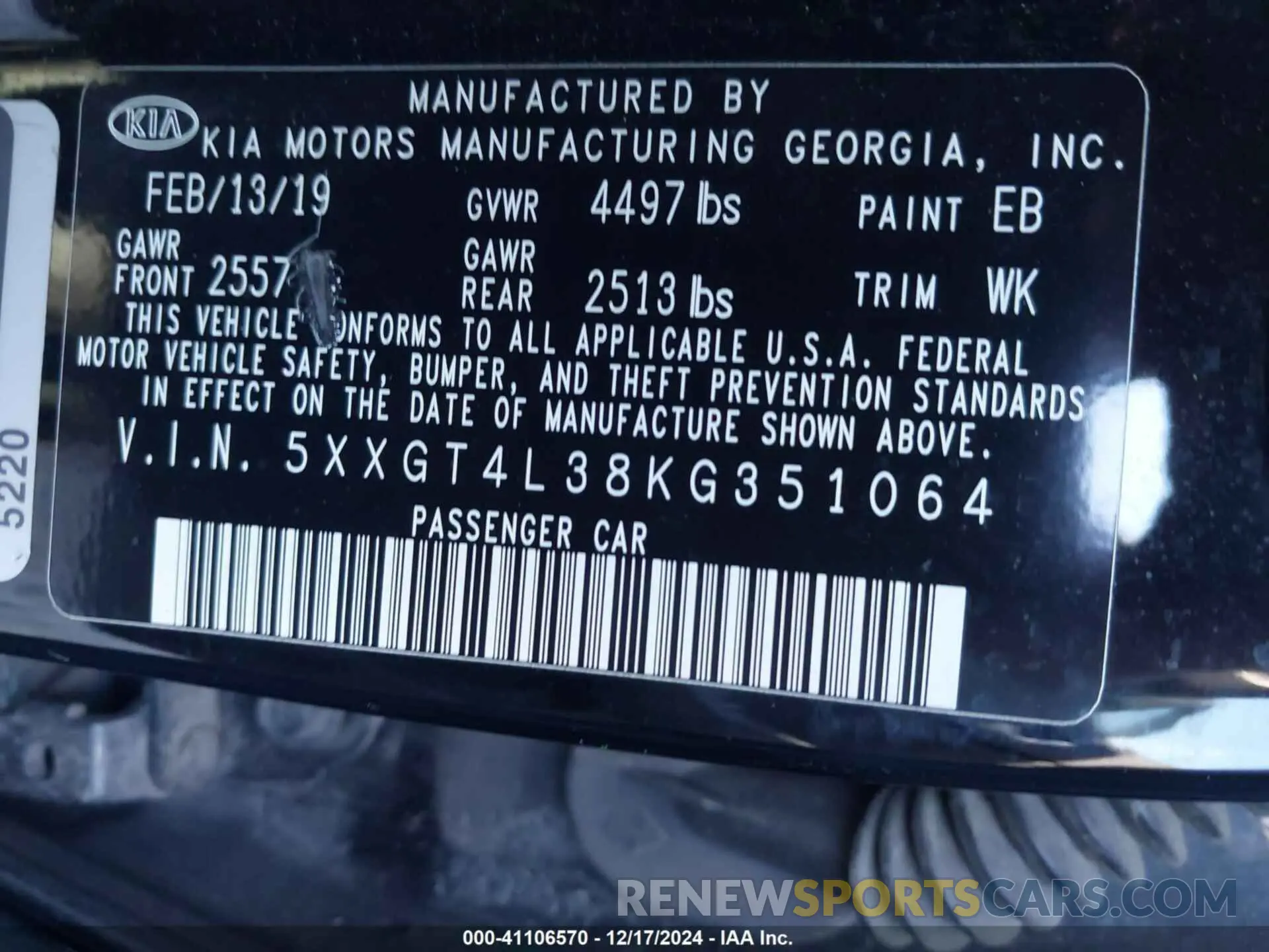 9 Photograph of a damaged car 5XXGT4L38KG351064 KIA OPTIMA 2019