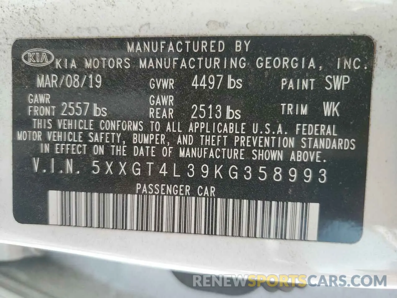 12 Photograph of a damaged car 5XXGT4L39KG358993 KIA OPTIMA 2019