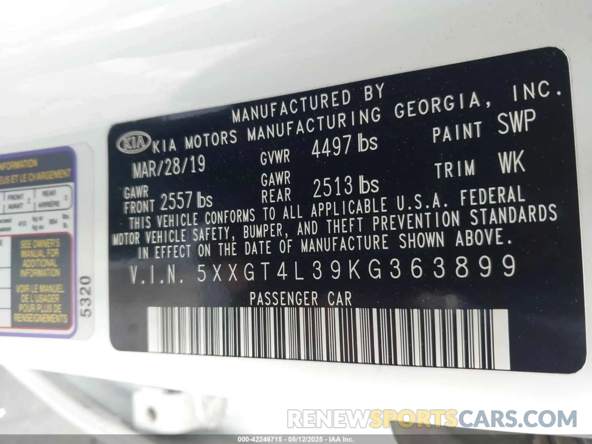 9 Photograph of a damaged car 5XXGT4L39KG363899 KIA OPTIMA 2019