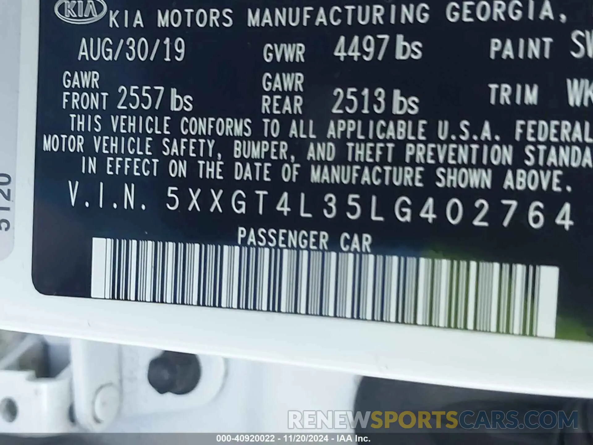 9 Photograph of a damaged car 5XXGT4L35LG402764 KIA OPTIMA 2020