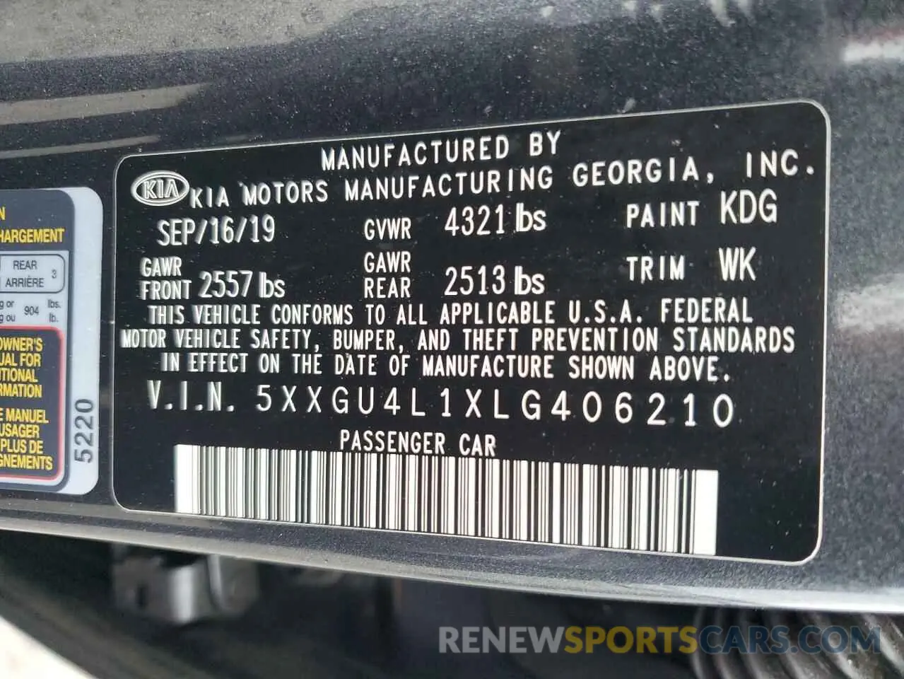 13 Photograph of a damaged car 5XXGU4L1XLG406210 KIA OPTIMA 2020