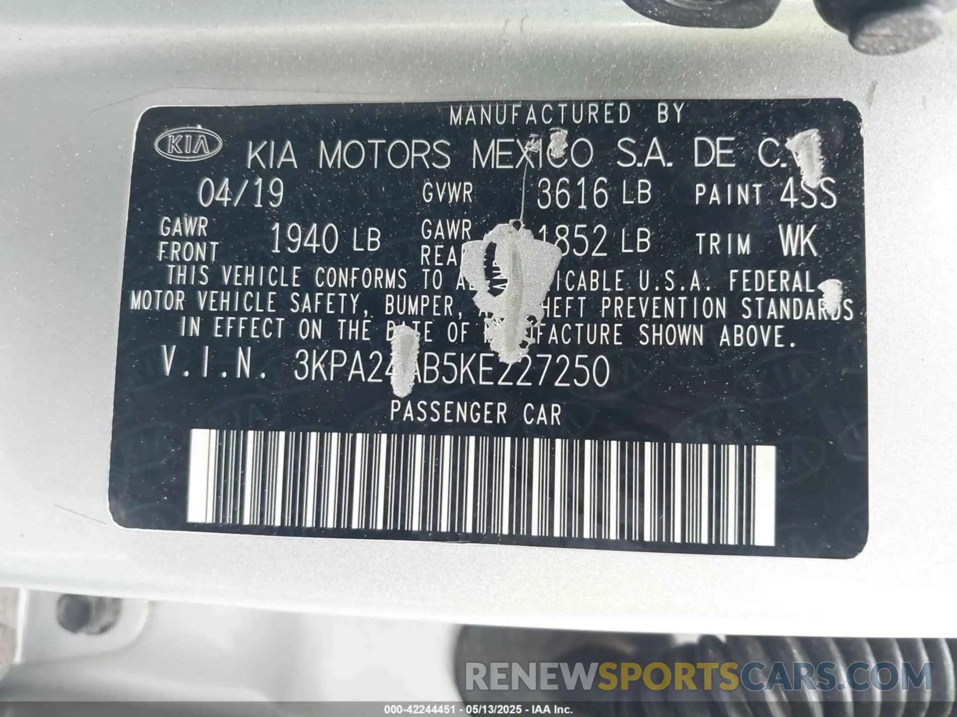 9 Фотография поврежденного автомобиля 3KPA24AB5KE227250 KIA RIO 2019