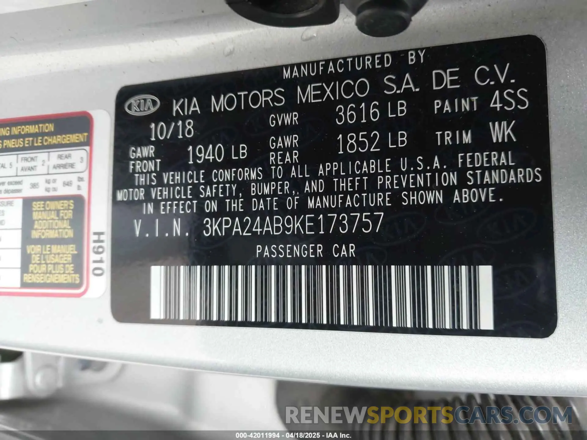 9 Photograph of a damaged car 3KPA24AB9KE173757 KIA RIO 2019