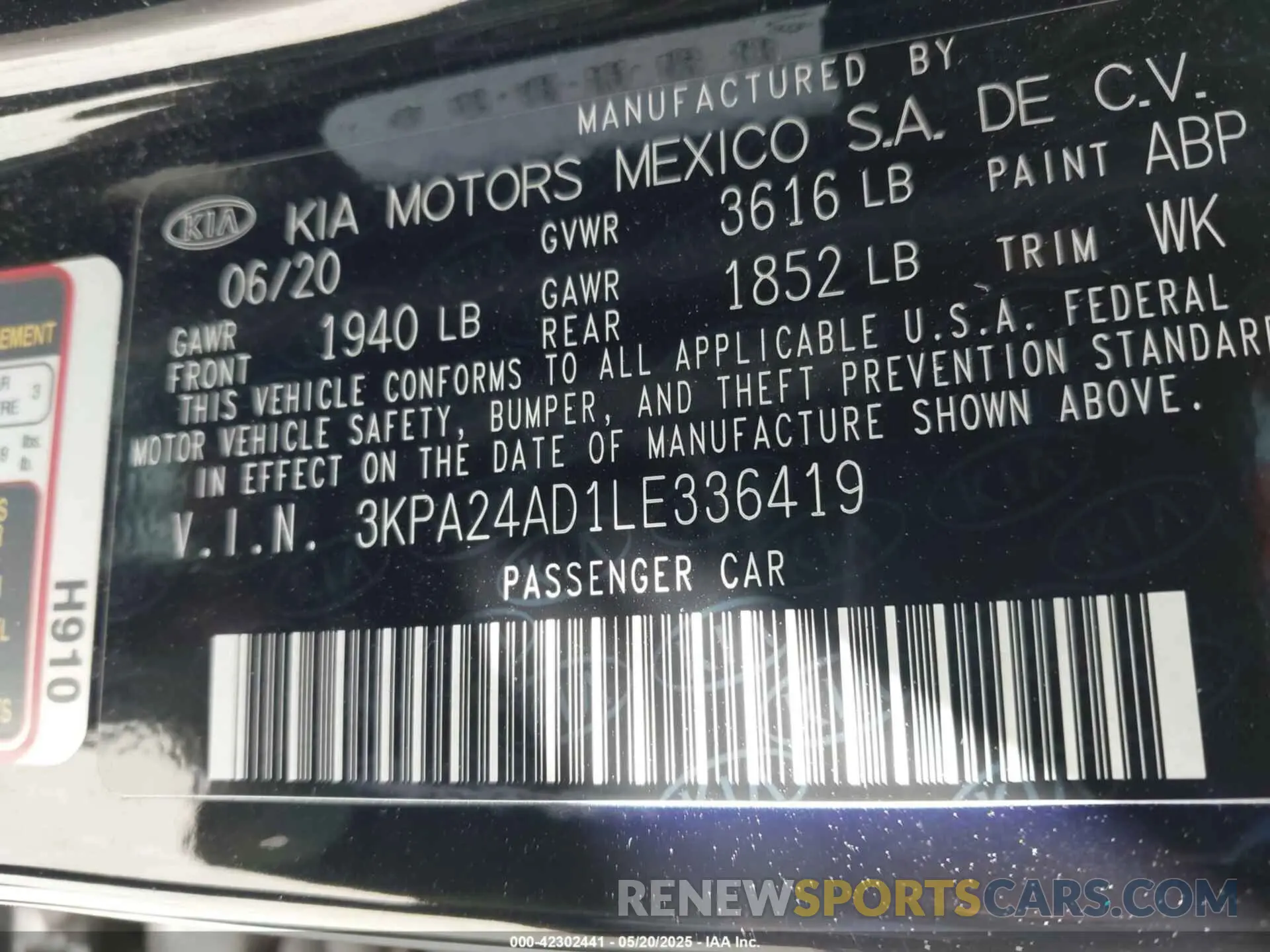 9 Photograph of a damaged car 3KPA24AD1LE336419 KIA RIO 2020