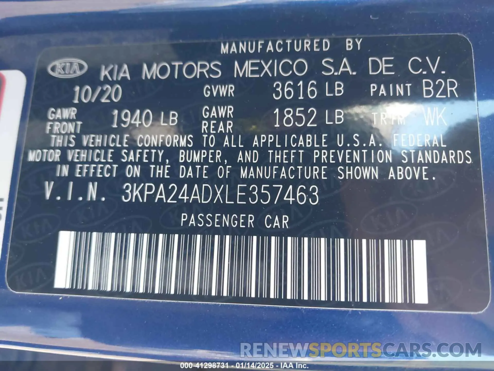9 Photograph of a damaged car 3KPA24ADXLE357463 KIA RIO 2020