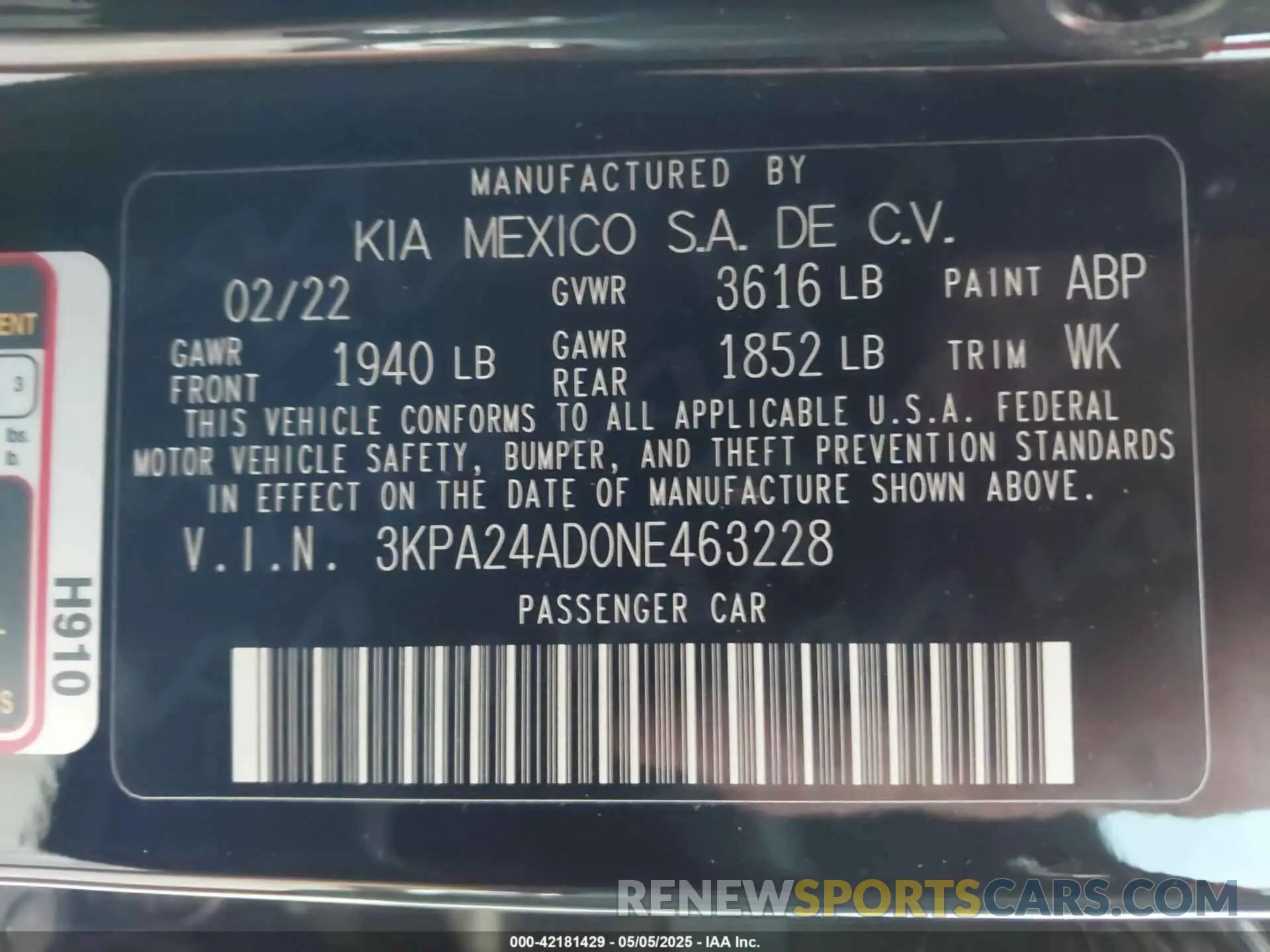 9 Фотография поврежденного автомобиля 3KPA24AD0NE463228 KIA RIO 2022