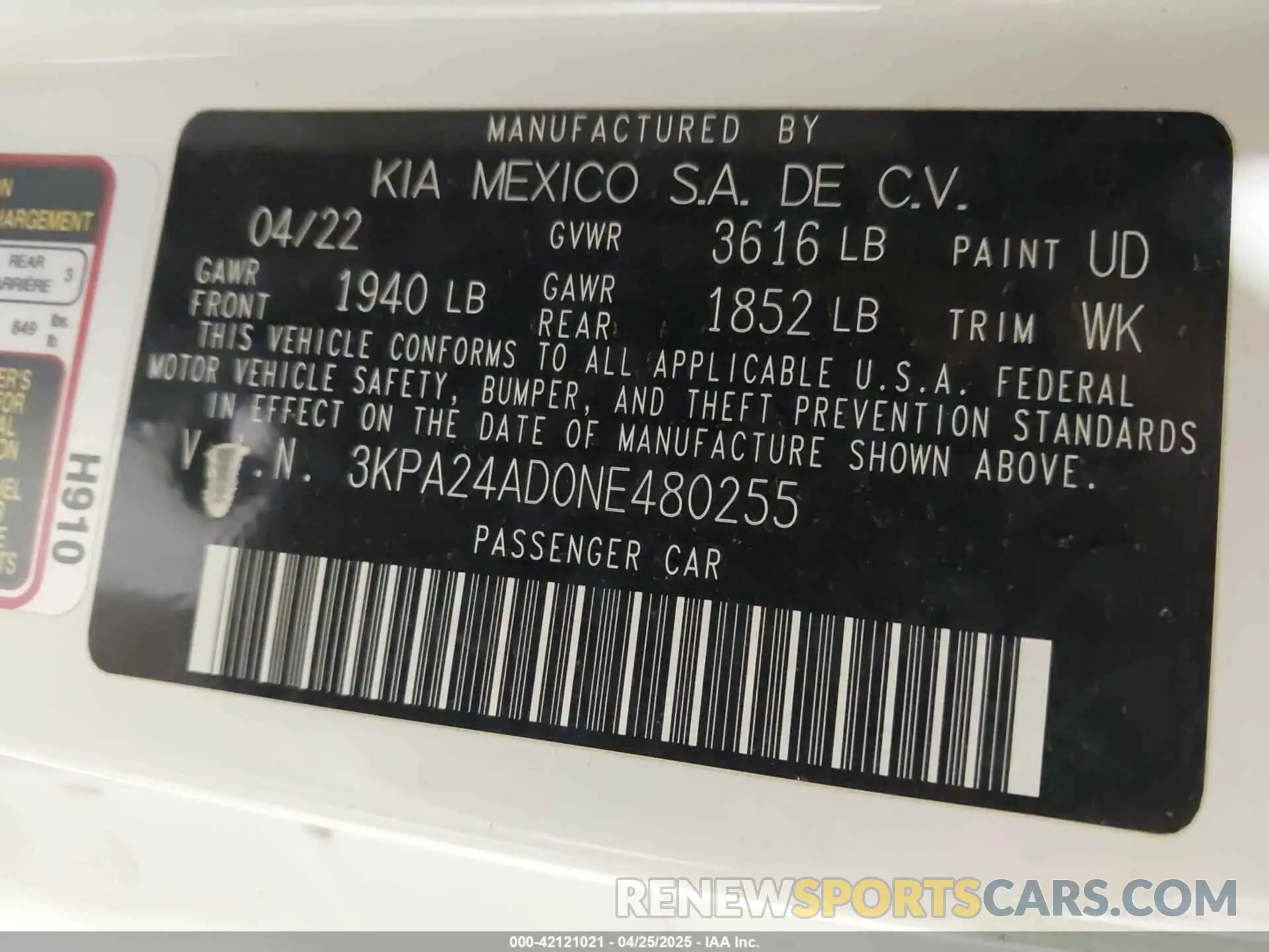 9 Photograph of a damaged car 3KPA24AD0NE480255 KIA RIO 2022