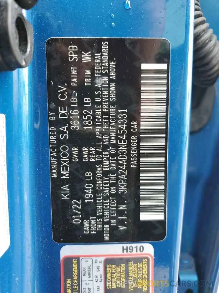 12 Фотография поврежденного автомобиля 3KPA24AD3NE454331 KIA RIO 2022