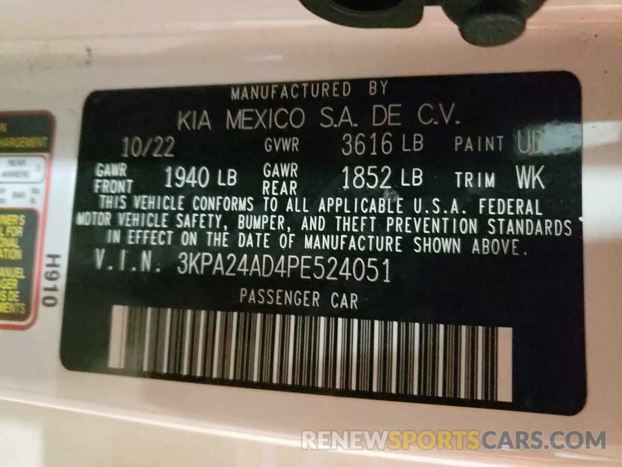 12 Photograph of a damaged car 3KPA24AD4PE524051 KIA RIO 2023