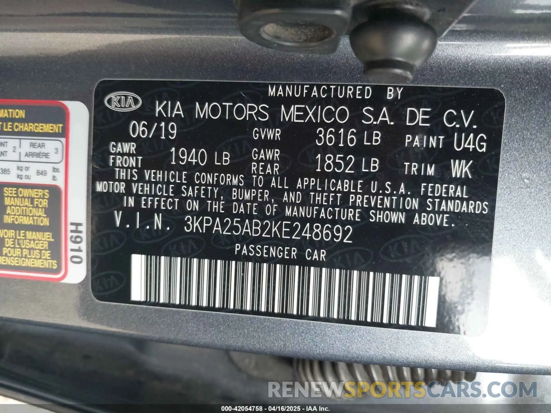 9 Photograph of a damaged car 3KPA25AB2KE248692 KIA RIO 5-DOOR 2019