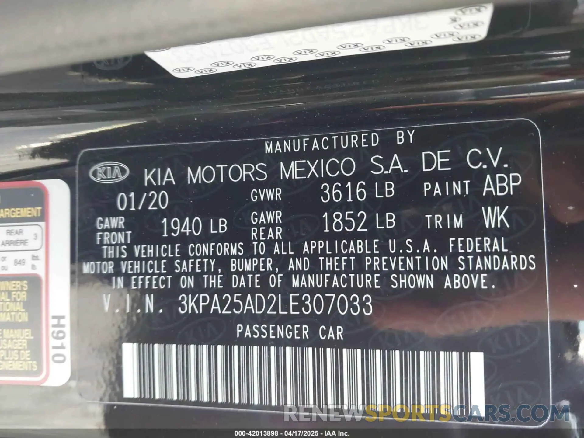 9 Photograph of a damaged car 3KPA25AD2LE307033 KIA RIO 5-DOOR 2020