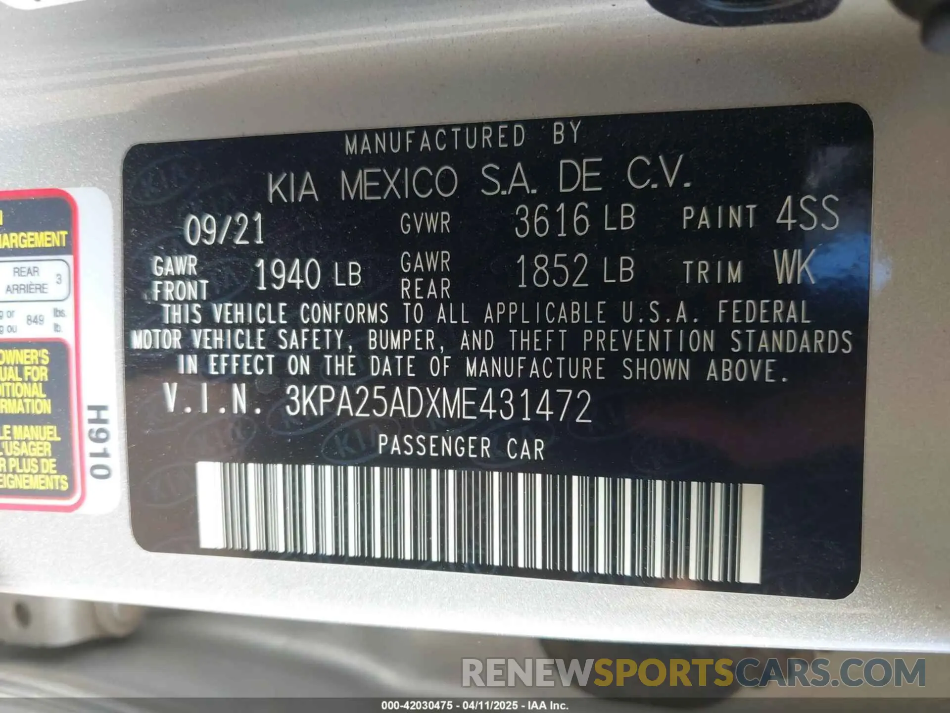 9 Photograph of a damaged car 3KPA25ADXME431472 KIA RIO 5-DOOR 2021