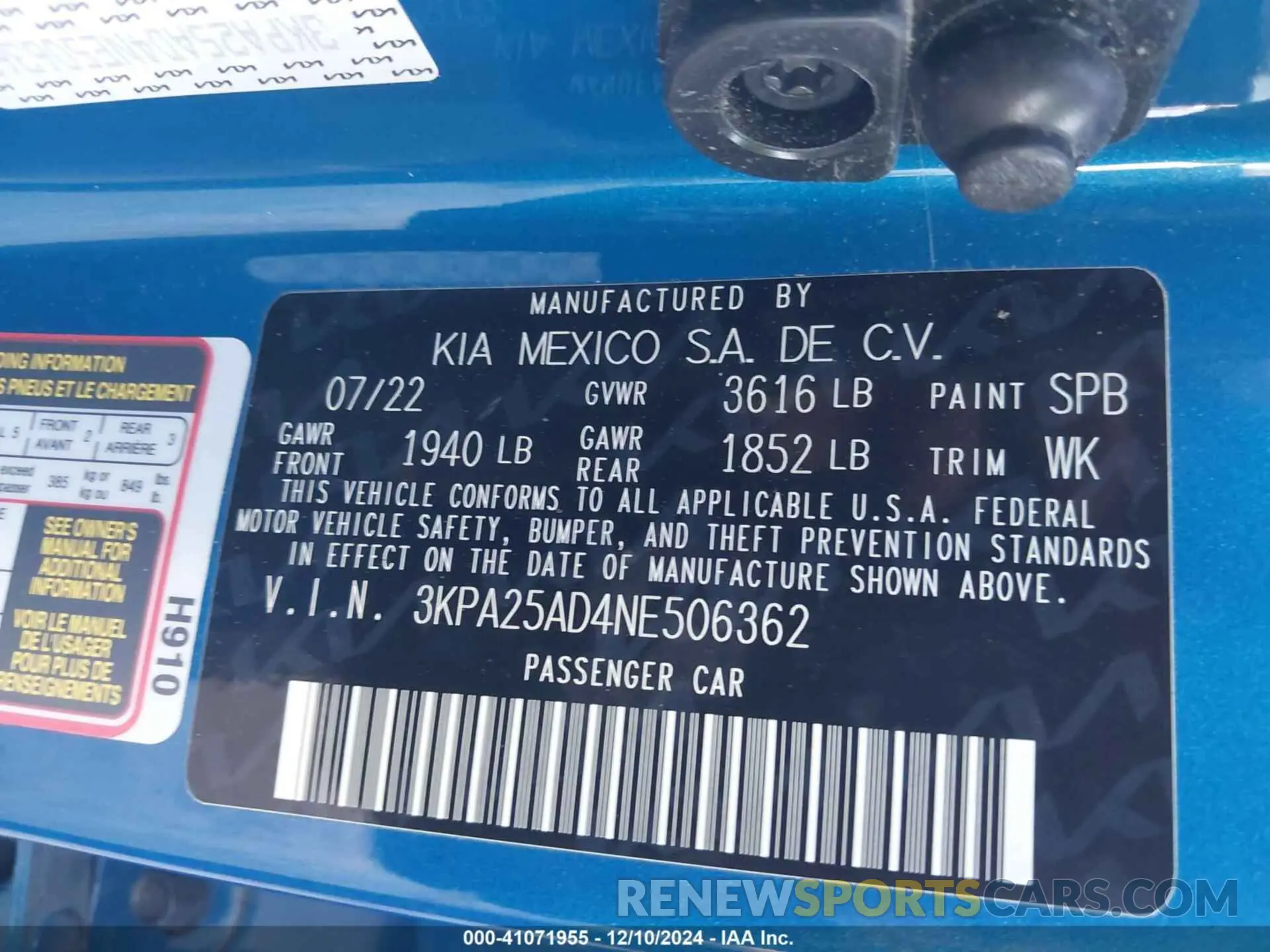 9 Photograph of a damaged car 3KPA25AD4NE506362 KIA RIO 5-DOOR 2022