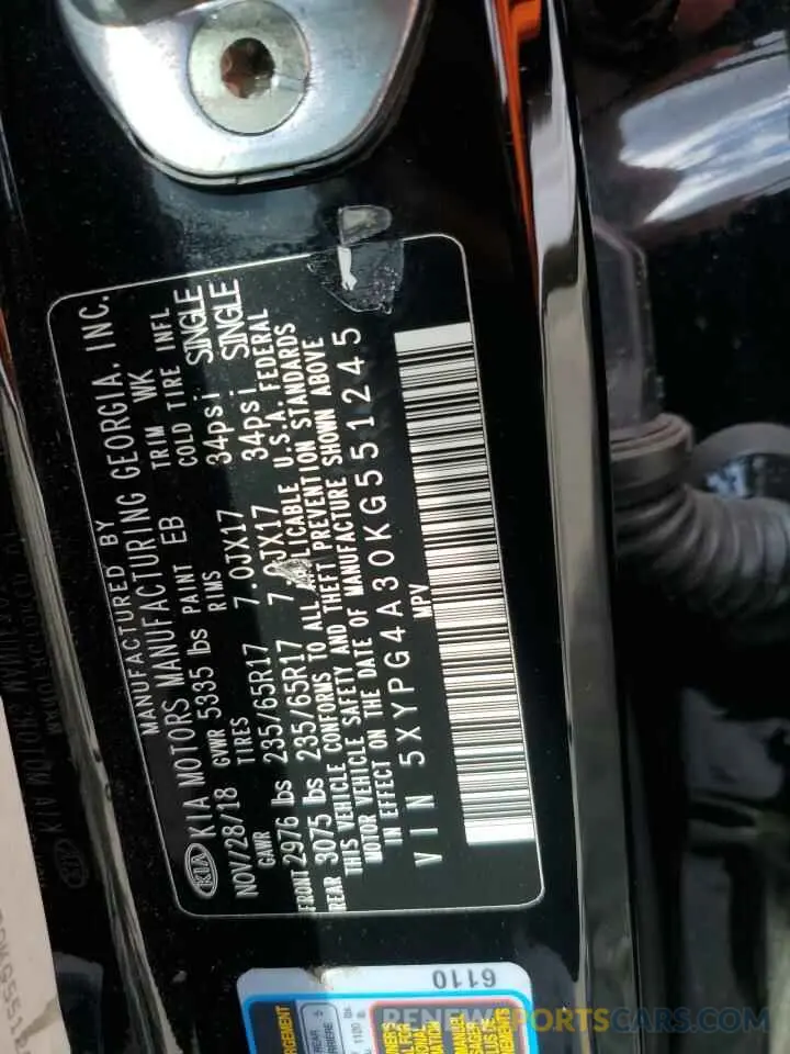 13 Photograph of a damaged car 5XYPG4A30KG551245 KIA SORENTO 2019