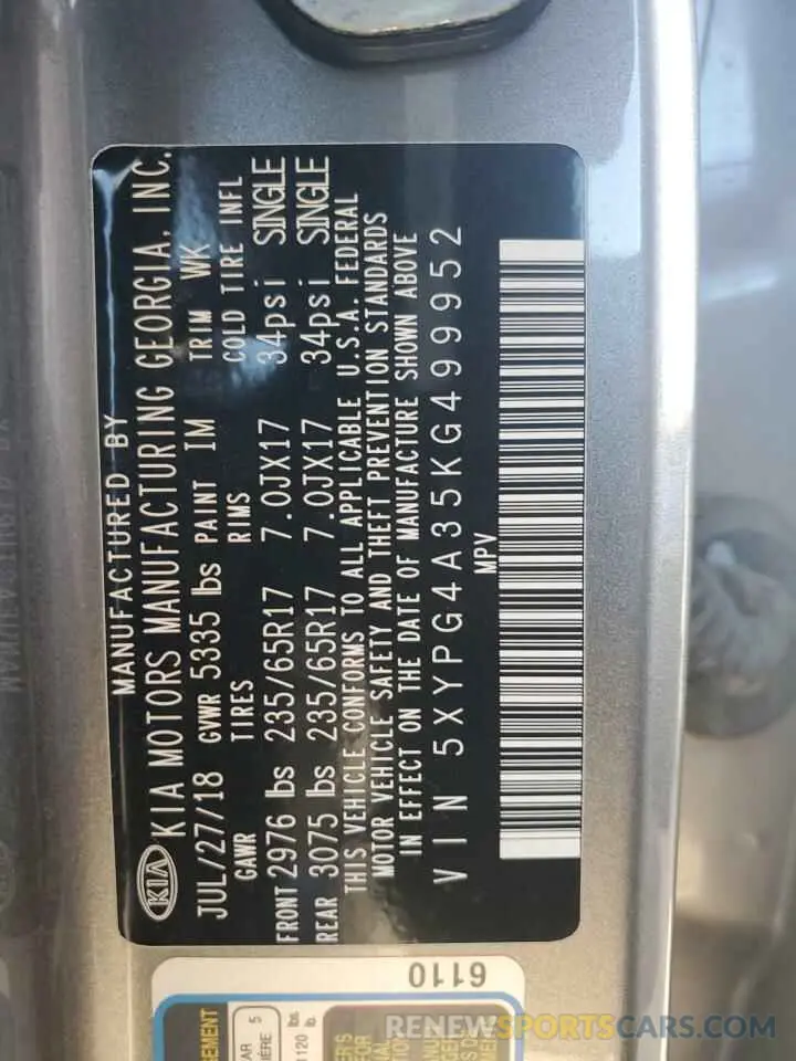 13 Photograph of a damaged car 5XYPG4A35KG499952 KIA SORENTO 2019