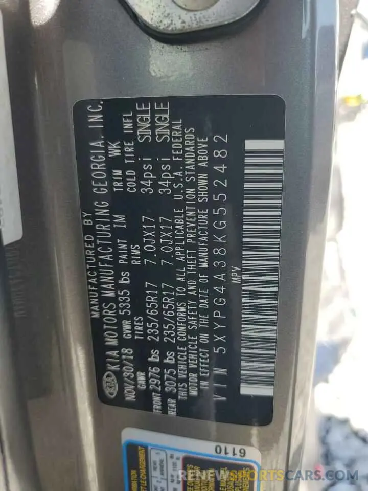 13 Photograph of a damaged car 5XYPG4A38KG552482 KIA SORENTO 2019