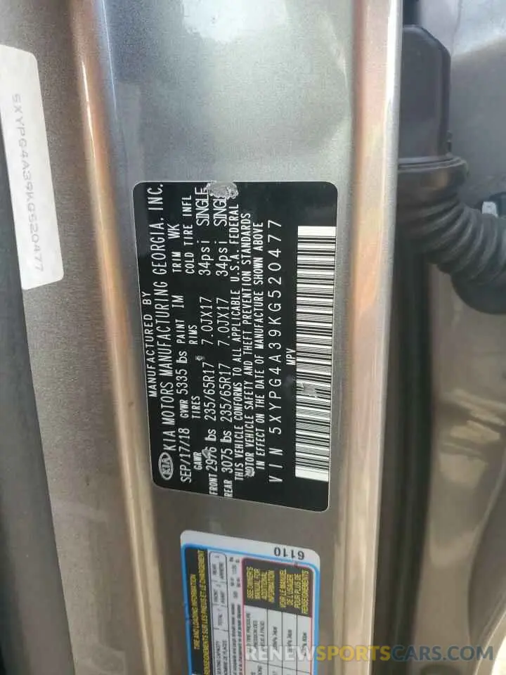 15 Photograph of a damaged car 5XYPG4A39KG520477 KIA SORENTO 2019