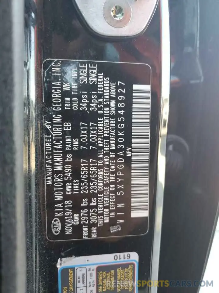 12 Photograph of a damaged car 5XYPGDA30KG548927 KIA SORENTO 2019