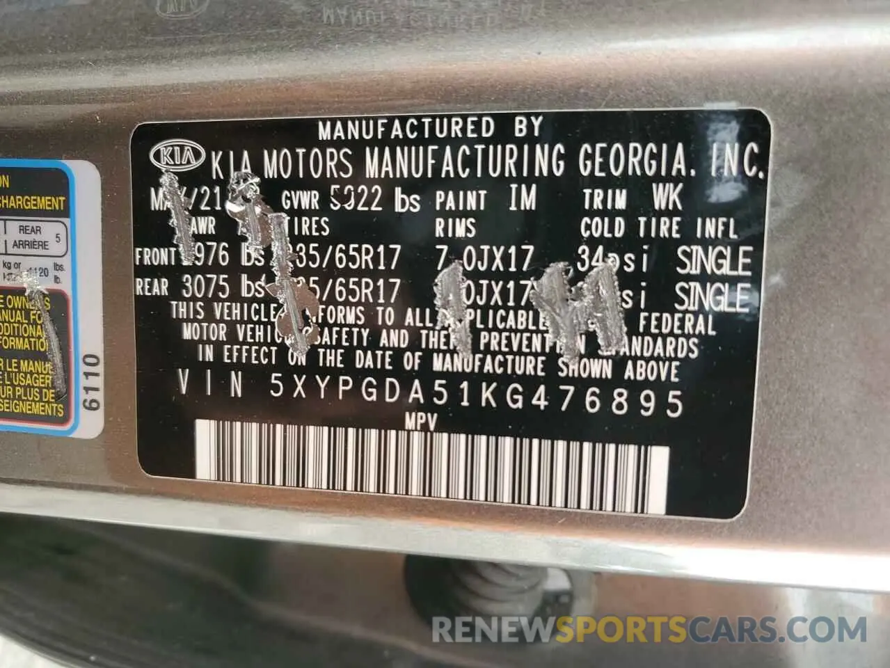 13 Photograph of a damaged car 5XYPGDA51KG476895 KIA SORENTO 2019