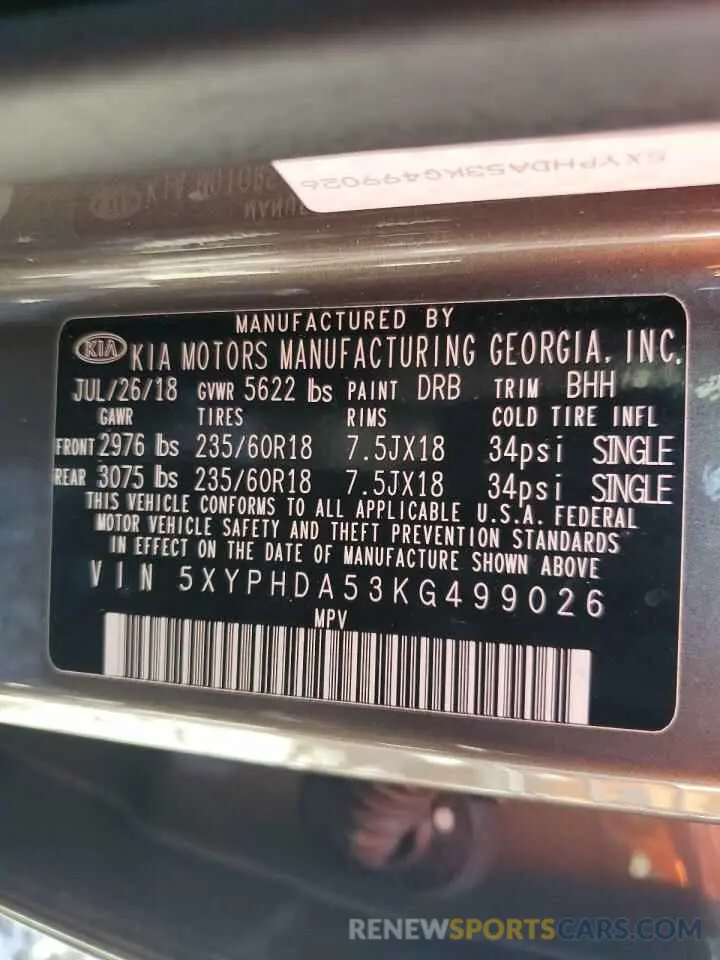14 Photograph of a damaged car 5XYPHDA53KG499026 KIA SORENTO 2019