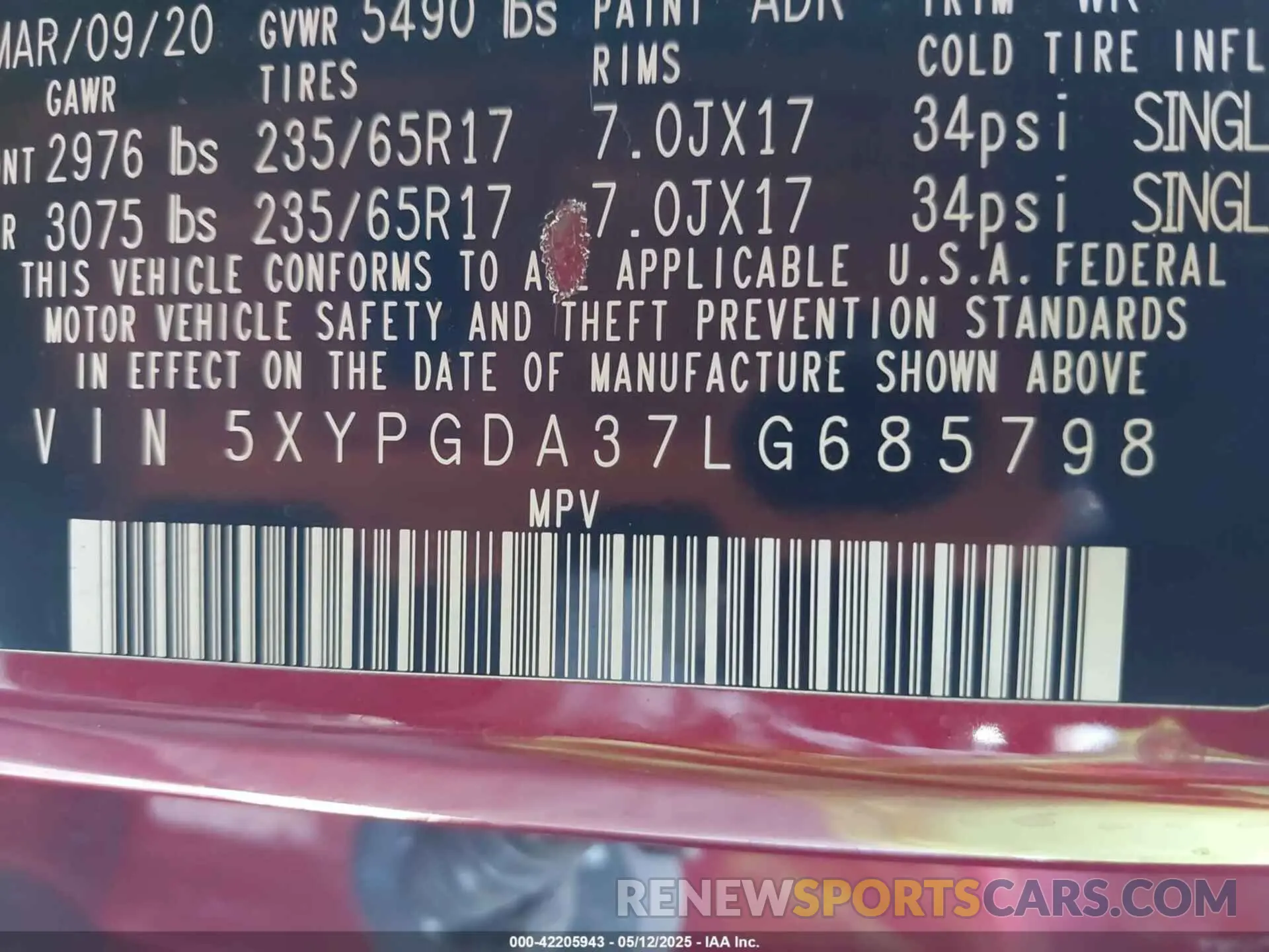 9 Photograph of a damaged car 5XYPGDA37LG685798 KIA SORENTO 2020