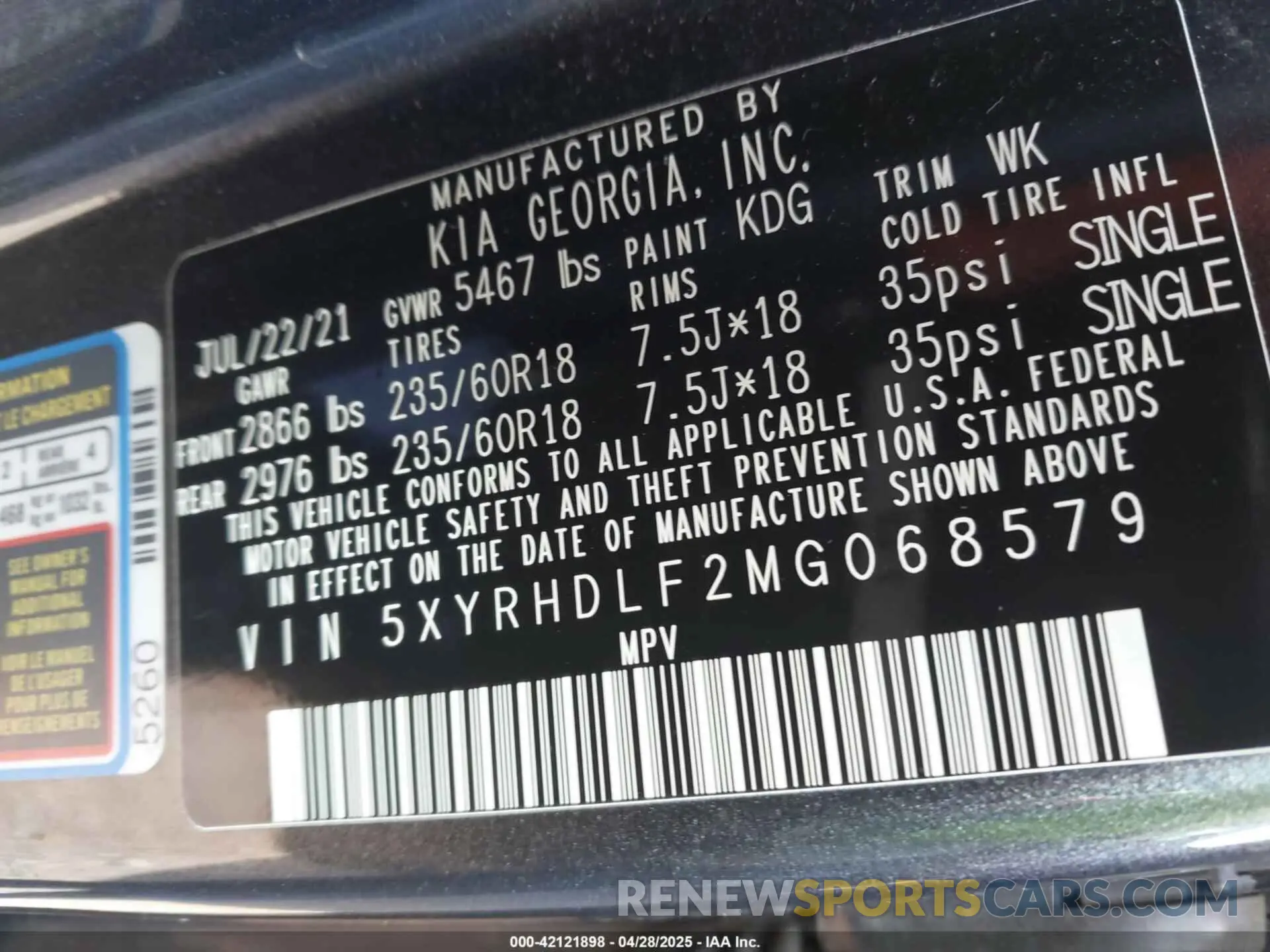 9 Photograph of a damaged car 5XYRHDLF2MG068579 KIA SORENTO 2021