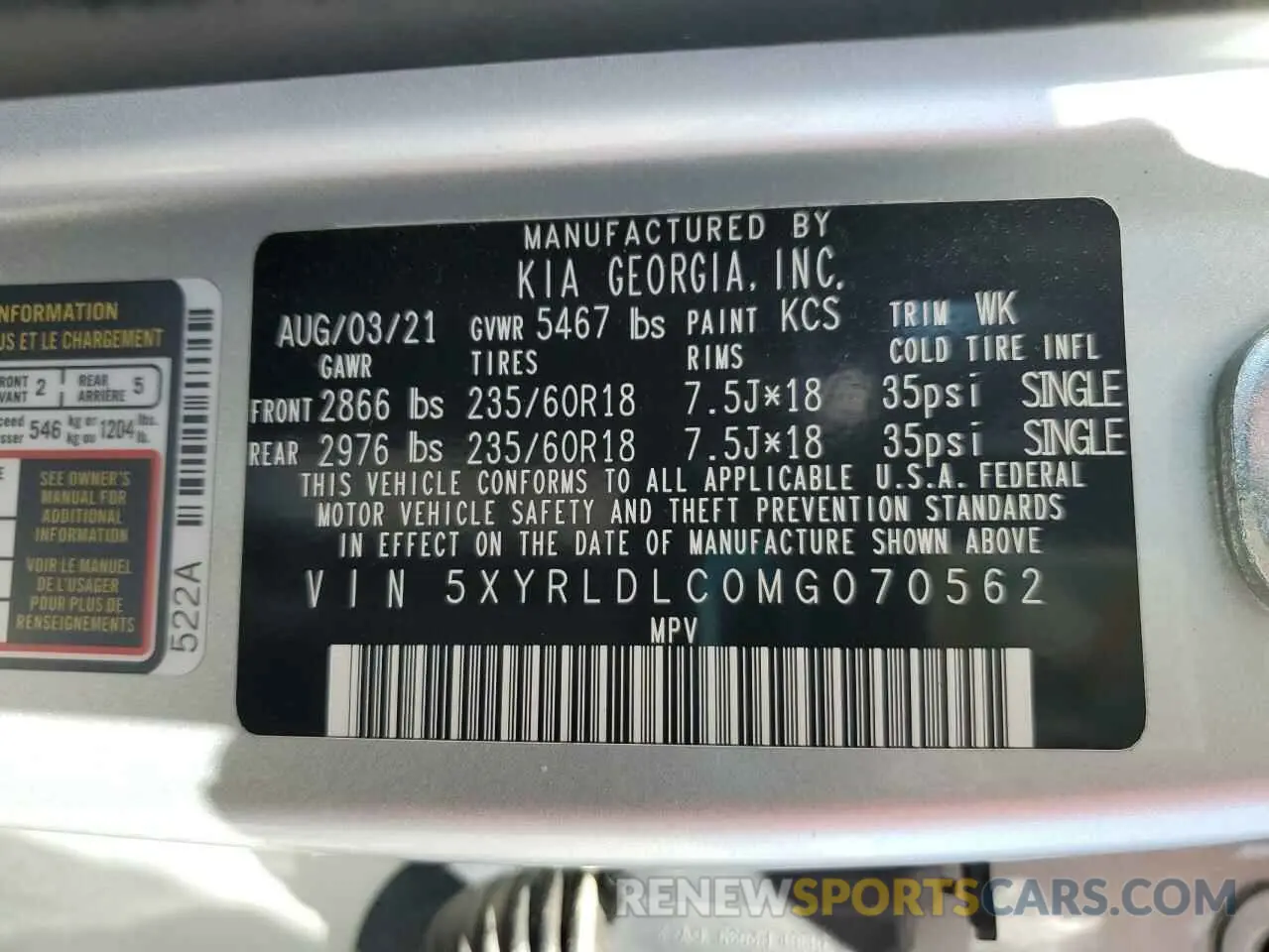 13 Фотография поврежденного автомобиля 5XYRLDLC0MG070562 KIA SORENTO 2021