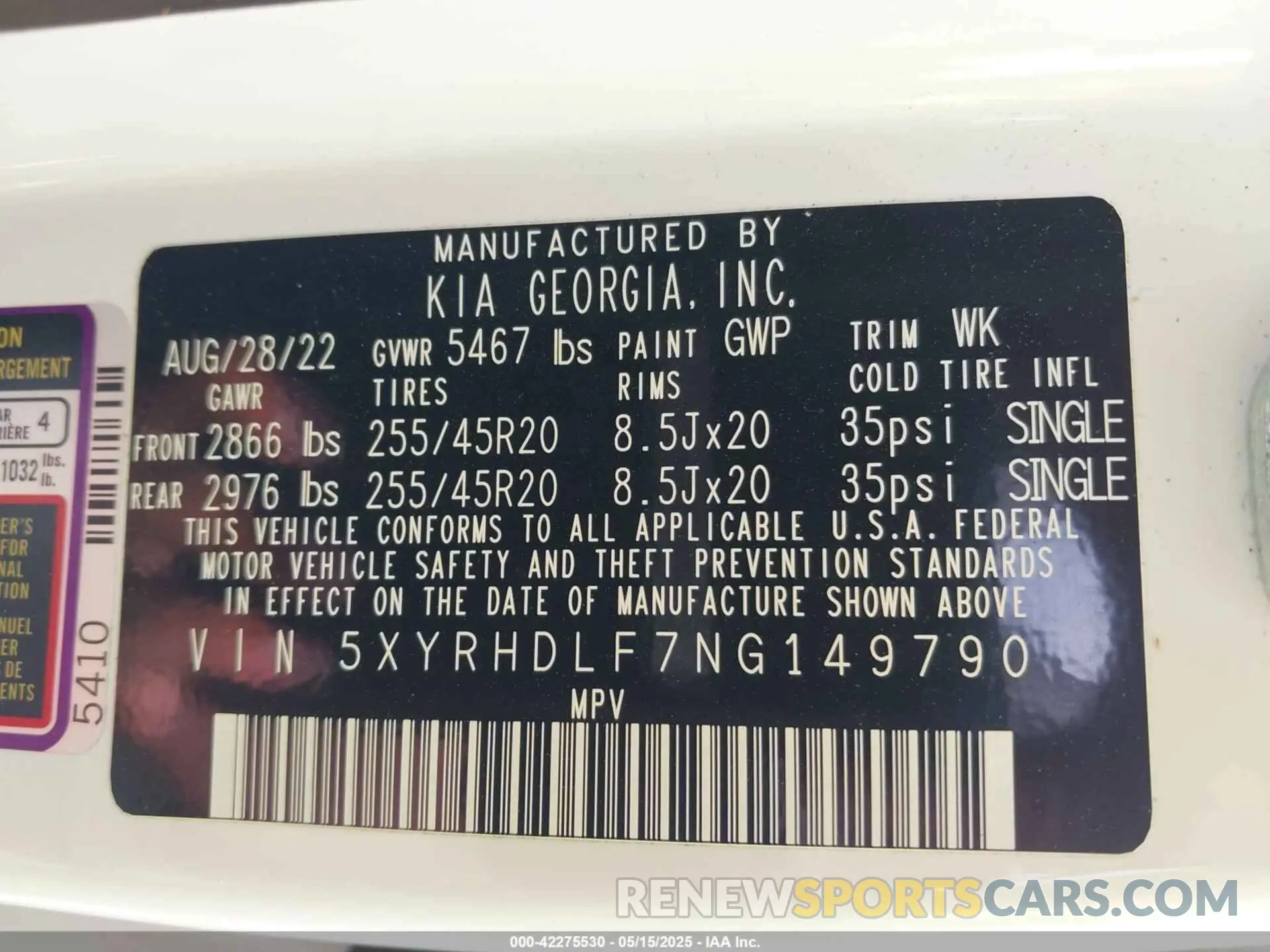 9 Фотография поврежденного автомобиля 5XYRHDLF7NG149790 KIA SORENTO 2022