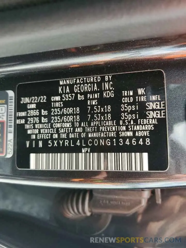 14 Photograph of a damaged car 5XYRL4LC0NG134648 KIA SORENTO 2022