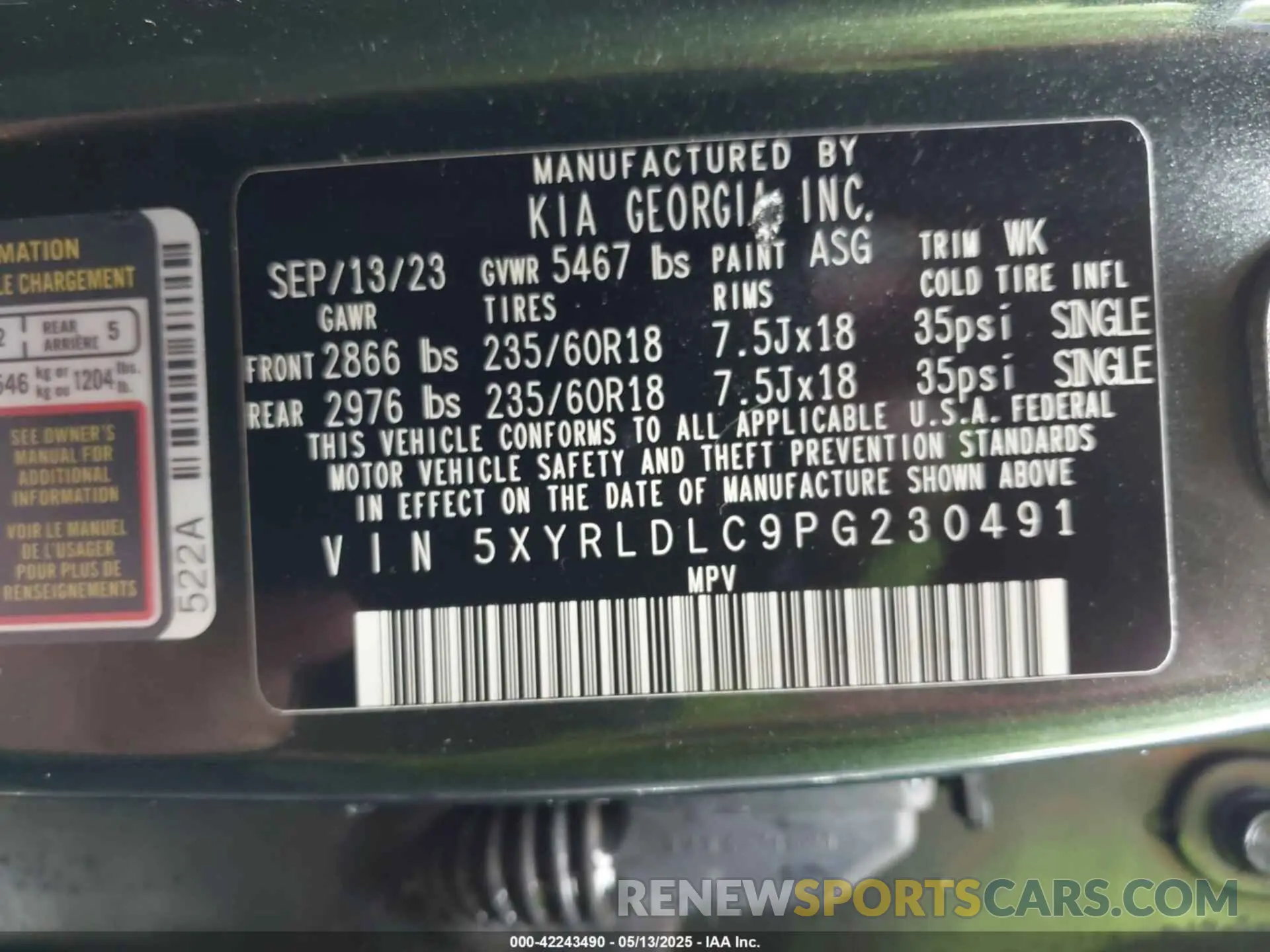 9 Фотография поврежденного автомобиля 5XYRLDLC9PG230491 KIA SORENTO 2023