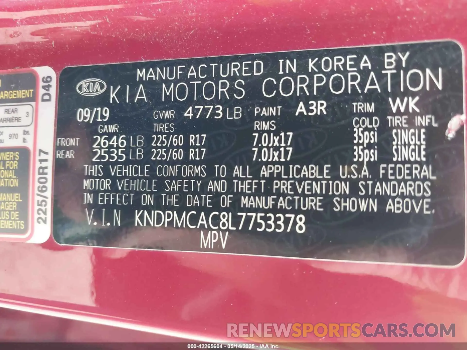9 Фотография поврежденного автомобиля KNDPMCAC8L7753378 KIA SPORTAGE 2020