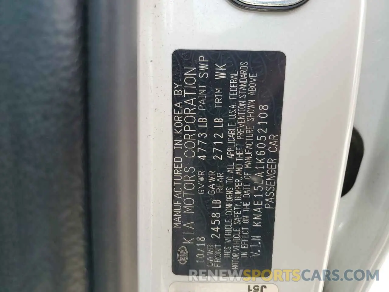 12 Photograph of a damaged car KNAE15LA1K6052108 KIA STINGER 2019