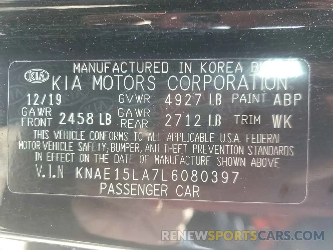 12 Photograph of a damaged car KNAE15LA7L6080397 KIA STINGER 2020