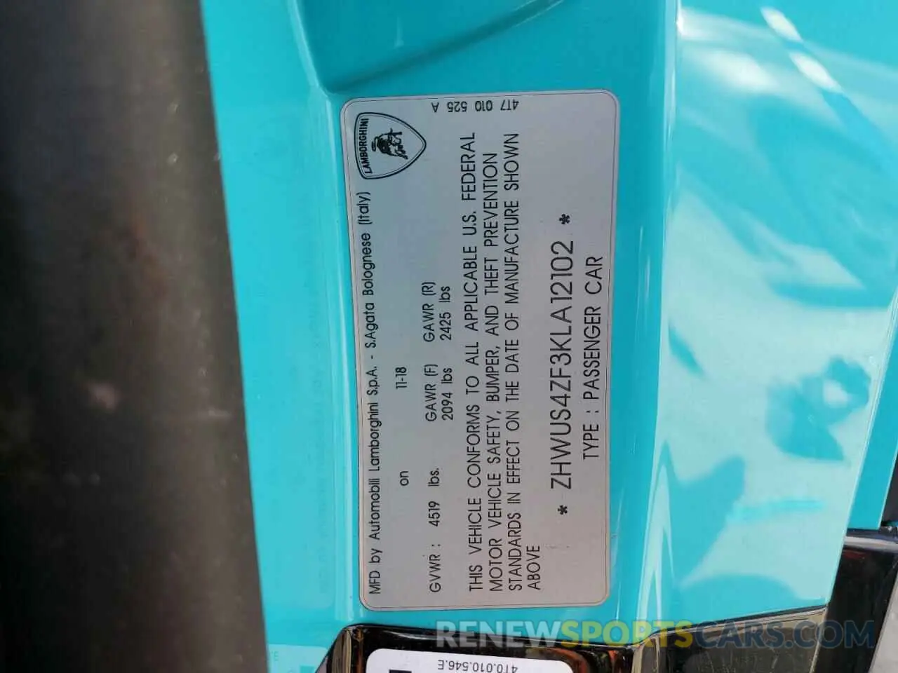 12 Photograph of a damaged car ZHWUS4ZF3KLA12102 LAMBORGHINI ALL MODELS 2019