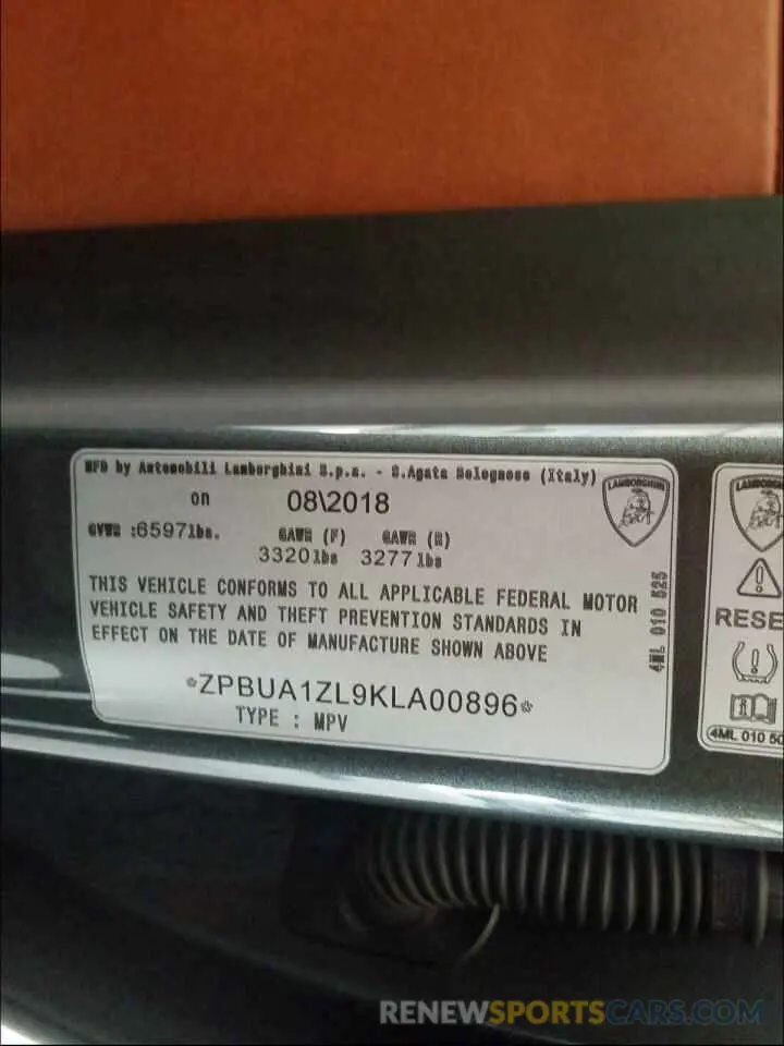 10 Photograph of a damaged car ZPBUA1ZL9KLA00896 LAMBORGHINI URUS 2019
