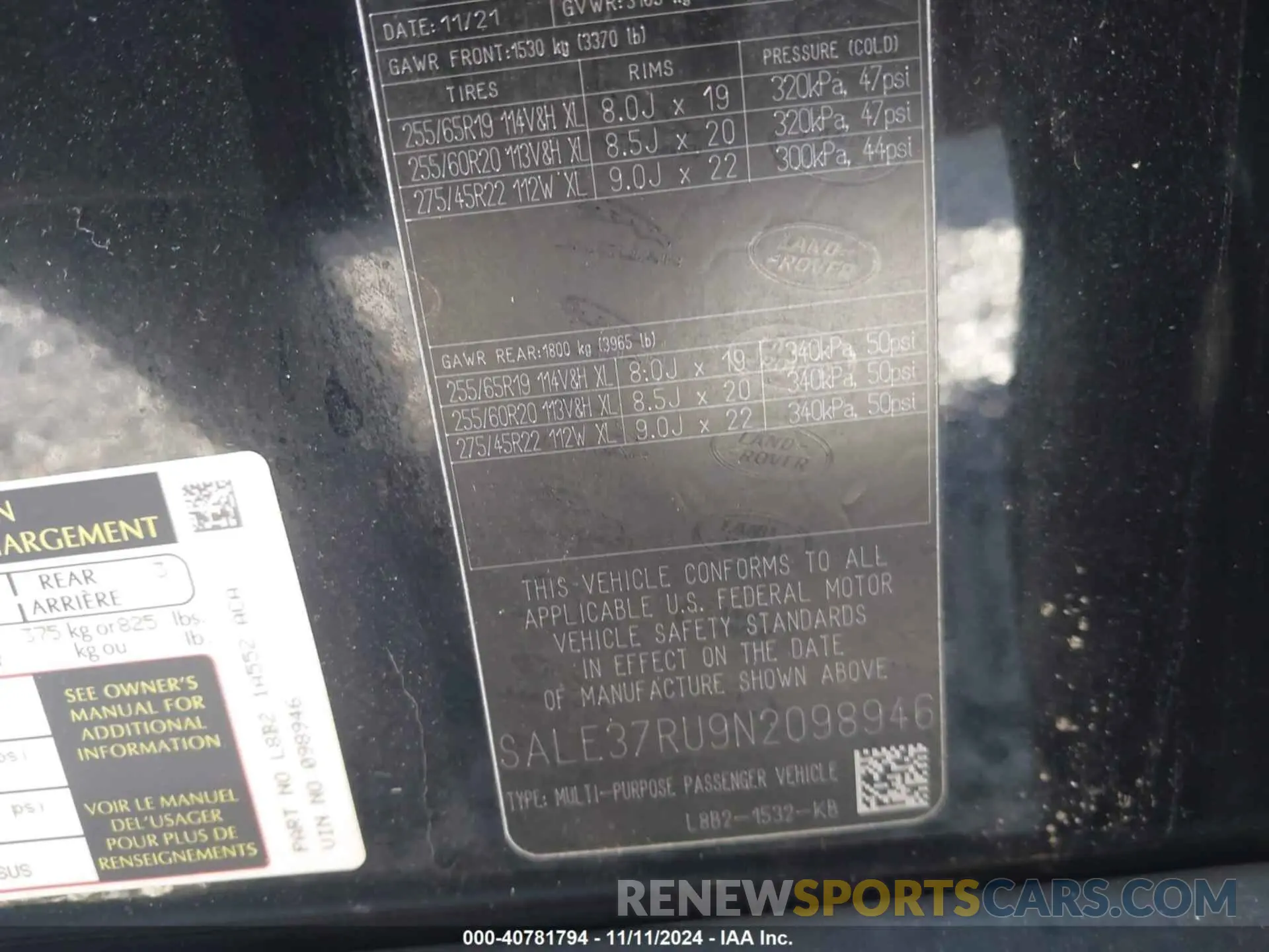 9 Photograph of a damaged car SALE37RU9N2098946 LAND ROVER DEFENDER 2022