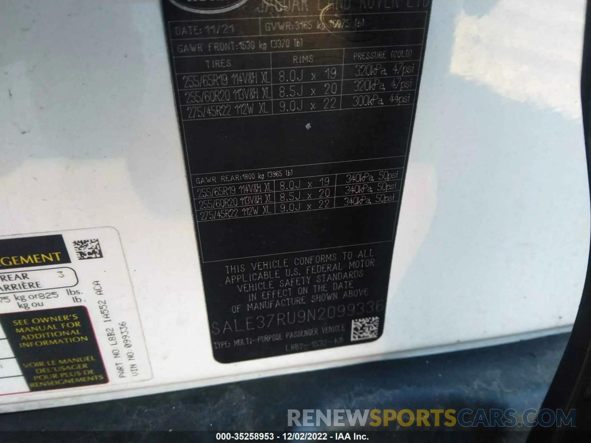 9 Фотография поврежденного автомобиля SALE37RU9N2099336 LAND ROVER DEFENDER 2022