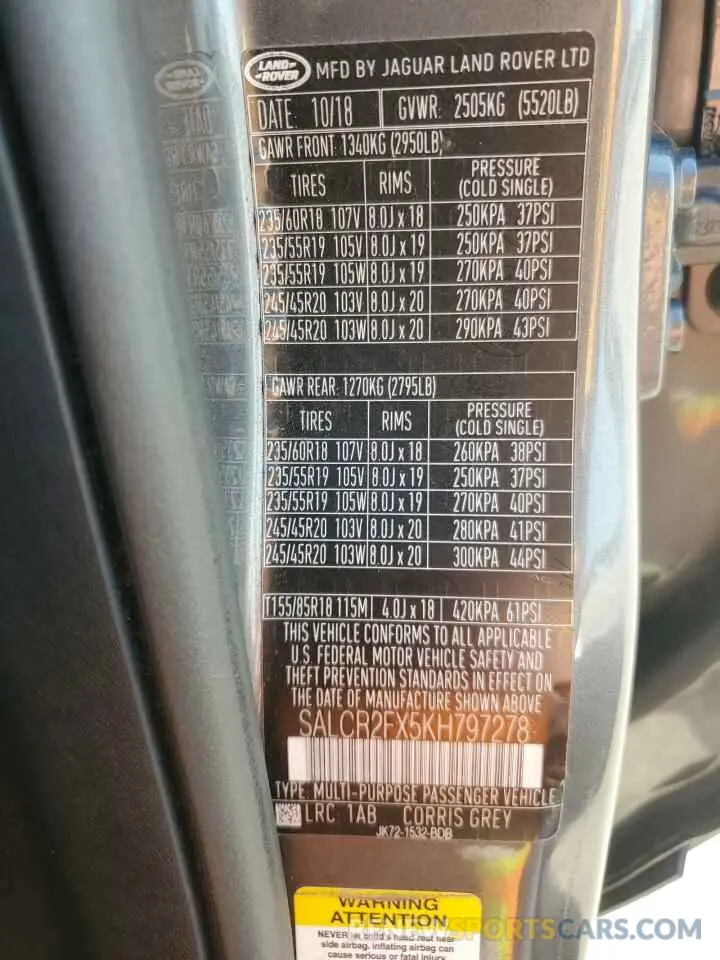 13 Фотография поврежденного автомобиля SALCR2FX5KH797278 LAND ROVER DISCOVERY 2019