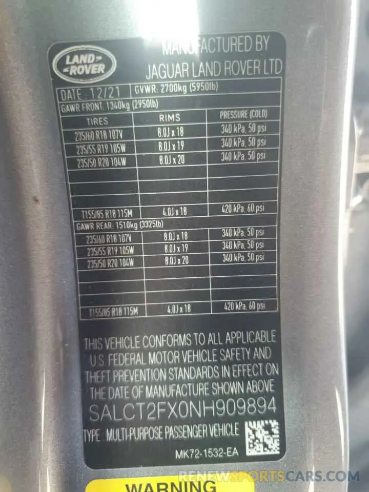 12 Фотография поврежденного автомобиля SALCT2FX0NH909894 LAND ROVER DISCOVERY 2022