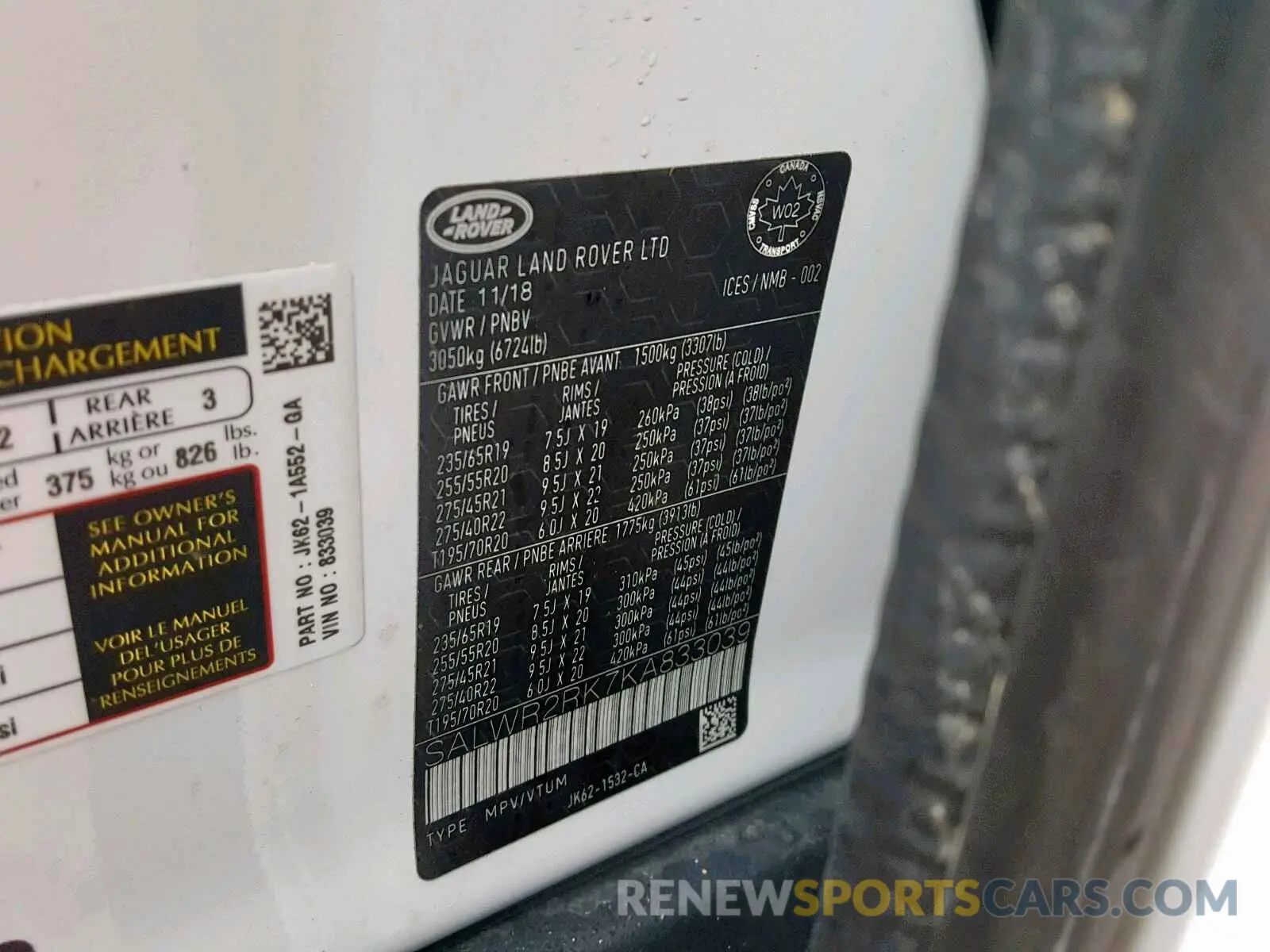 10 Фотография поврежденного автомобиля SALWR2RK7KA833039 LAND ROVER RANGE ROVE 2019